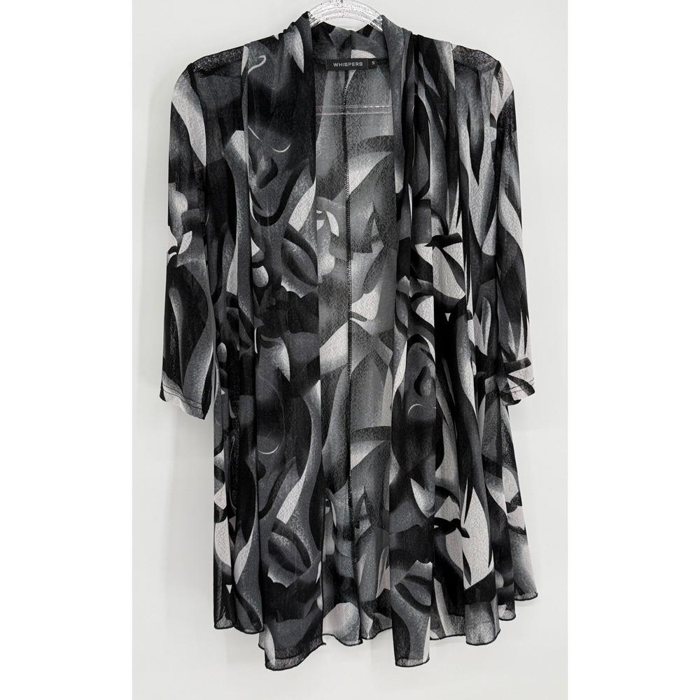 Whispers Womens Small Abstract Open Front Cardigan 3/4 Sleeve Black Gray Sz S
